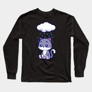 Cute Sad Cat Sitting Under Rain Cloud Cartoon Long Sleeve T-Shirt